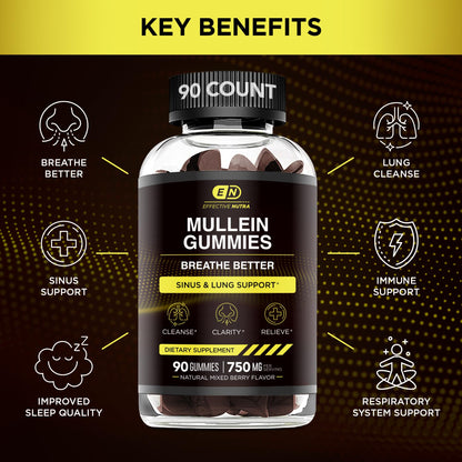 EFFECTIVE NUTRA 9in1 Mullein Gummies | Lung and Sinus Support for Cleanse, Clarity, and Relief | Vegan, Gluten-Free, Non-GMO Supplement | Natural Berry Flavor, 45-Day Supply, Made in USA (90ct)