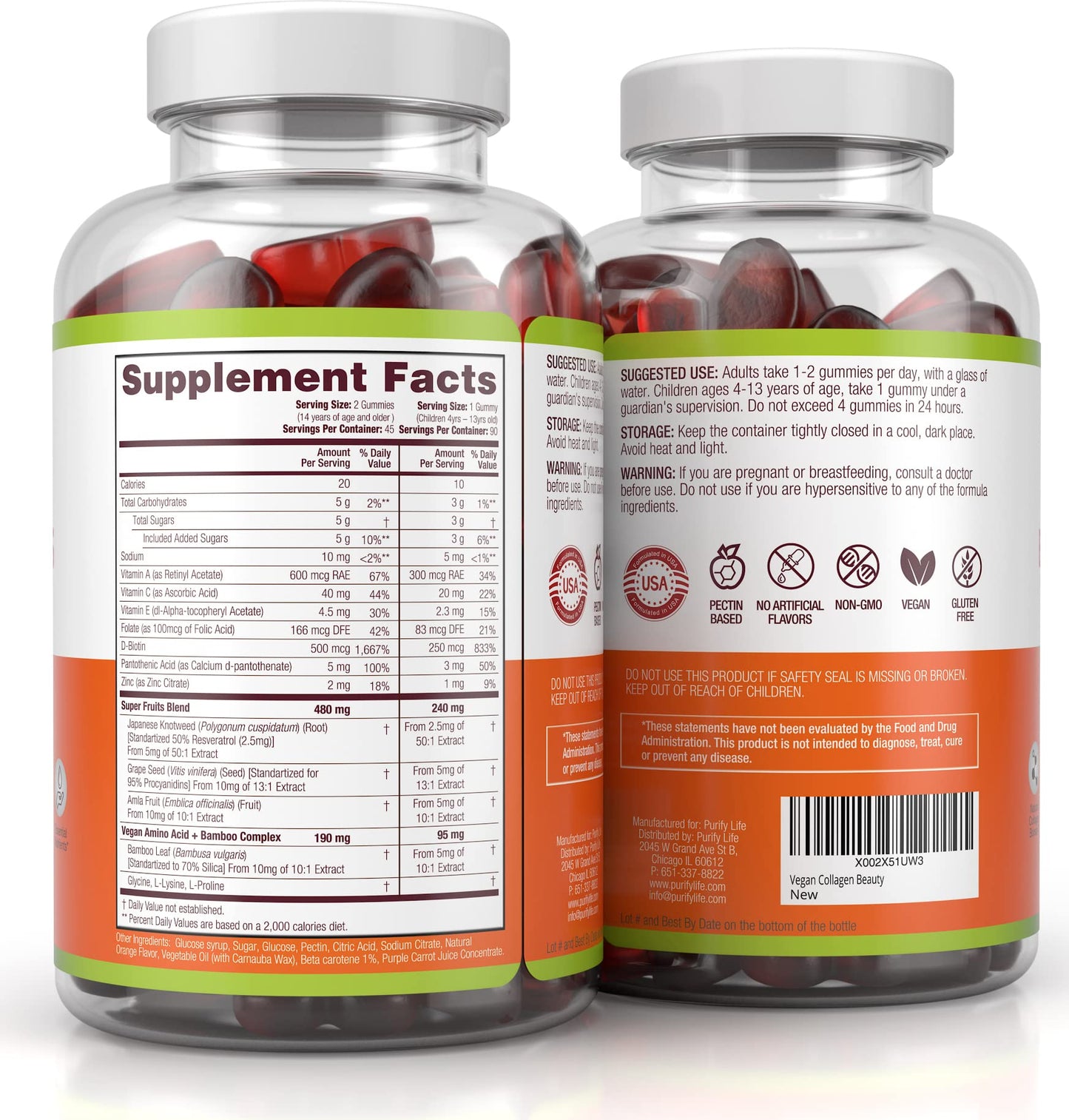 Purify Life Vegan Collagen Gummies with Biotin Vitamins for Hair Skin and Nails Health, (90 Chews) Collagen Support Superfruit Complex with Resveratrol, Vitamin A, E, C - Replace Capsules, Pills