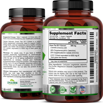 Zazzee Extra Strength Green Tea 20:1 Extract, 6000 mg Strength, 50% EGCG, 98% Polyphenols and 80% Catcehins, 150 Vegan Capsules, 5 Month Supply, Standardized and Concentrated 20X Potency, Non-GMO