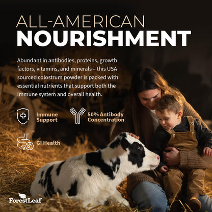 ForestLeaf Colostrum Powder 50% IgG Highest Pure Concentration, Grass Fed Colostrum Supplement for Gut Health, Immune Support and Muscle Recovery, Bovine Colostrum for Humans, Unflavored, 45 Servings