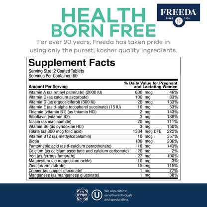 FREEDA Mini Prenatal Vitamin - Kosher Prenatals -Tiny Easy to Swallow Tablets - Prenatal Vitamins with Iron, Prenatal Folic Acid/Folate, Vitamin D - Pre Natal Multivitamin for Pregnant Women (120)
