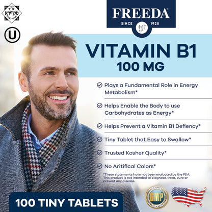 Freeda Vitamin B1 Thiamine 100mg - Supports Energy Metabolism, Nervous System Health - Kosher, Vegan, Gluten Free - Thiamin HCl 100 mg Vitamin B 1 - Pure Vit B1 Vitamin Thiamine B1 Supplement (100 Ct)