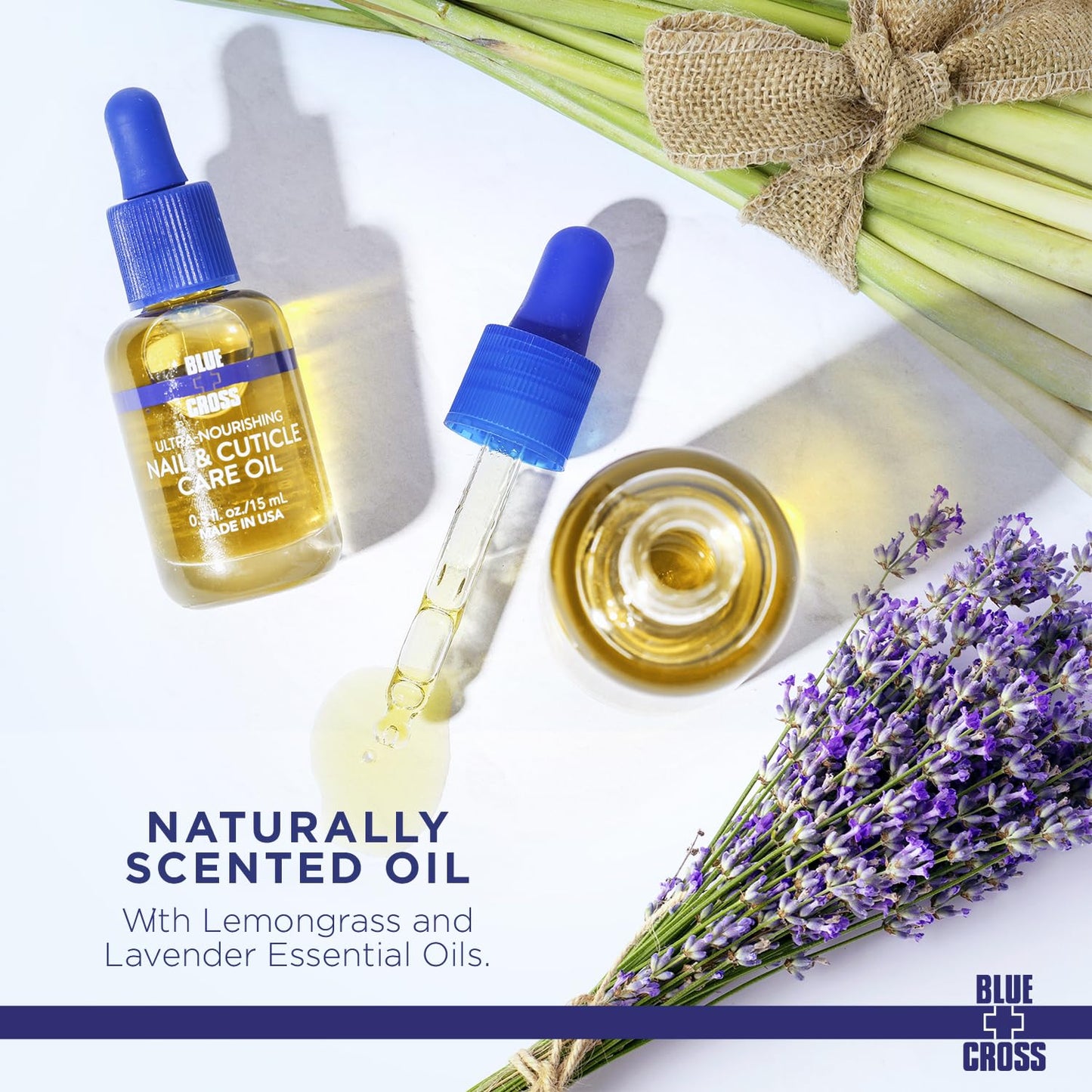 Blue Cross Professional Nail Care, All Natural Mineral Oil Free, Ultra-Nourishing, Hydrating, Moisturizing Nail & Cuticle Oil, Lemongrass + Lavender Scented Essential Oils, Made in USA, 0.5 fl oz/15mL