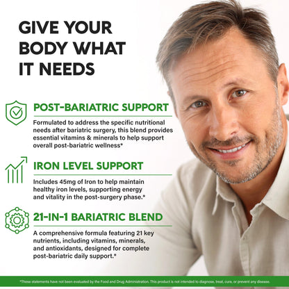 Bariatric Multivitamin - 45 mg Iron Supplements - Made in USA - for Women & Men - All-in-One, 21 Essential Vitamins - Gastric Sleeve Support - Free of Sugar, Gluten & Soy - 90 Capsules, Once Daily