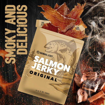 Kaimana Jerky Wild Caught Salmon Jerky - Organic Gourmet Smoked Dried Fish Strips Rich in Omega-3 & Protein - Low-Calorie Seafood Snack with No Gluten, Less Sodium & Sugar - Original Flavor - 3/2oz Pack