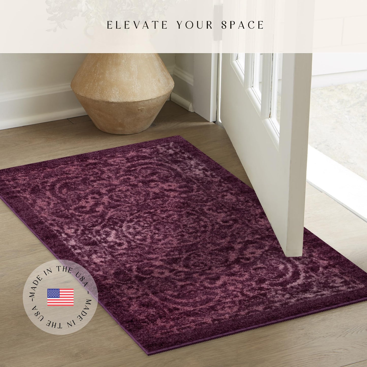 Maples Rugs Pelham Transitional Area Rugs - Made in USA - Washable, Non Slip, Indoor Carpet for Entryway, Foyer, Kitchen, and Bathroom, 1'8 x 2'10, Wineberry