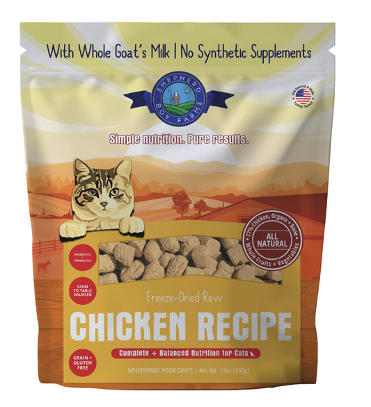 Shepherd Boy Farms Freeze-Dried Chicken Cat Food – High-Protein, Grain-Free, Made with Organic Fruits & Veggies & Goat’s Milk (12oz)