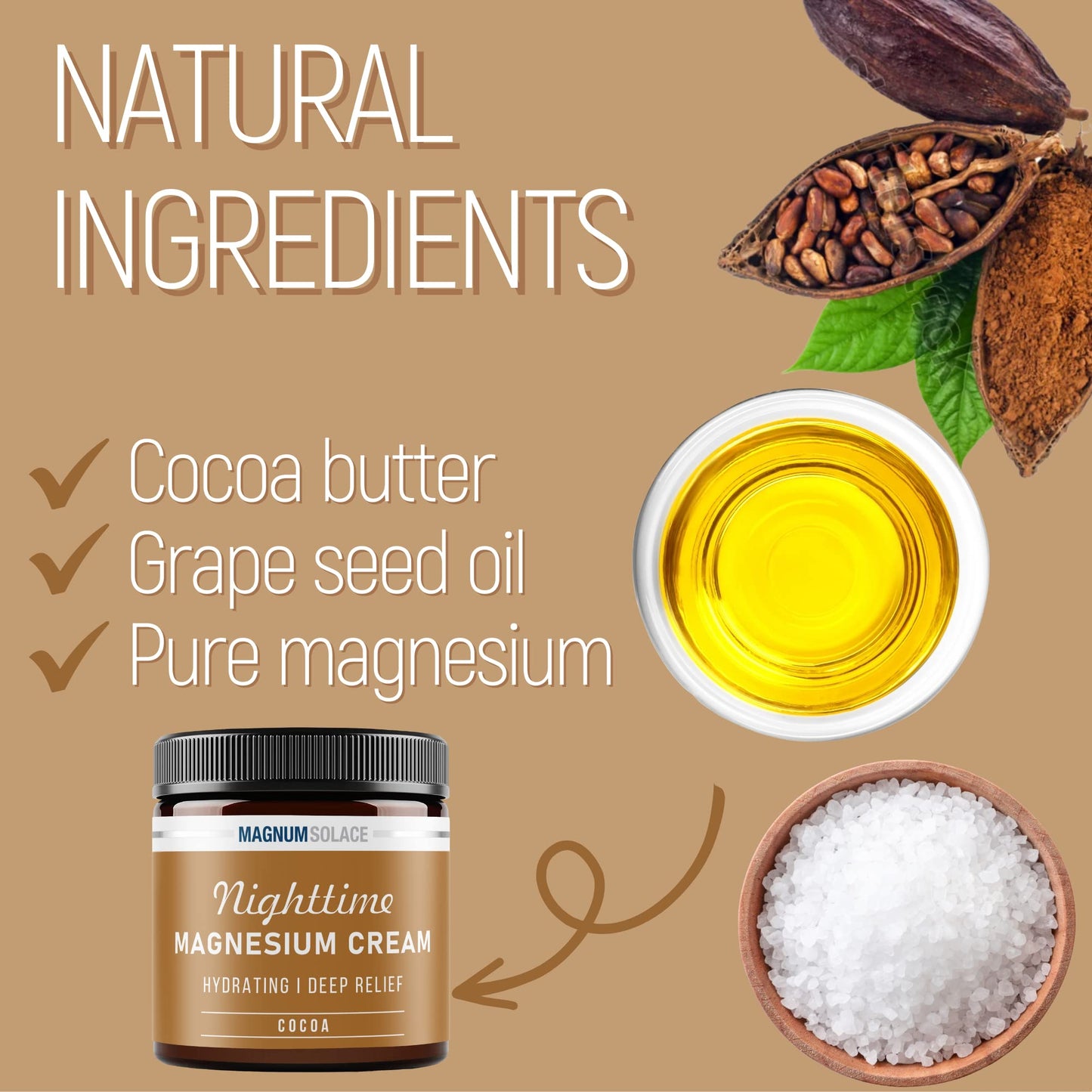Magnesium Cream – Nighttime Magnesium Lotion – Apply to Legs, Buttocks, Arms or Chest – Topical Magnesium Chloride – USA Made and Safe for Kids (Cocoa)