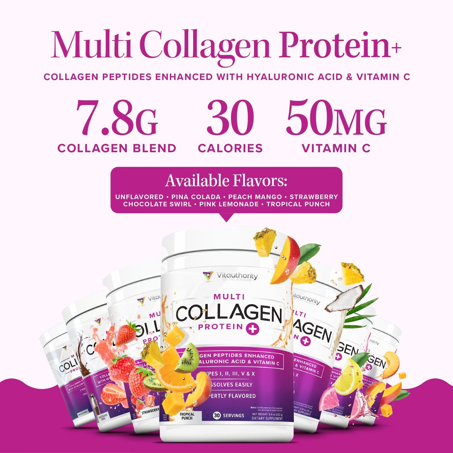 Multi Collagen Peptides Powder for Women - Hydrolyzed Flavored Collagen Powder for Women with Types I II III V & X Vitamin C & Hyaluronic Acid for Hair Skin and Nails (Pina Colada) - 30 Servings