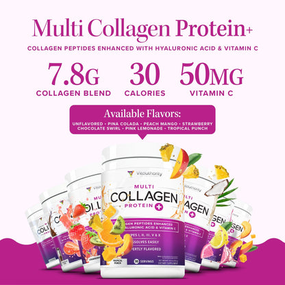 Multi Collagen Peptides Powder for Women - Hydrolyzed Flavored Collagen Powder for Women with Types I II III V & X Vitamin C & Hyaluronic Acid for Hair Skin and Nails (Tropical Punch) - 30 Servings