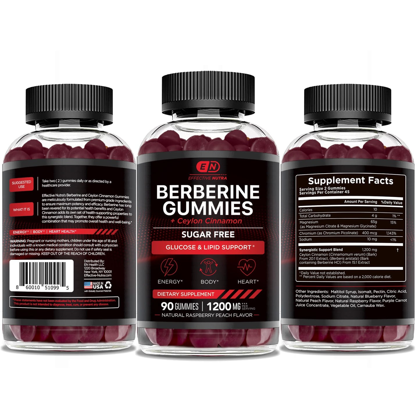 EFFECTIVE NUTRA Berberine Gummies with Ceylon Cinnamon | Sugar-Free Supplement 1200mg for Blood Sugar Support, Heart Health, Energy | 45-Day Supply, Natural Berry Flavor, Made in USA (90 Count)
