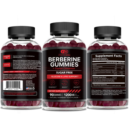 EFFECTIVE NUTRA Berberine Gummies with Ceylon Cinnamon | Sugar-Free Supplement 1200mg for Blood Sugar Support, Heart Health, Energy | 45-Day Supply, Natural Berry Flavor, Made in USA (90 Count)