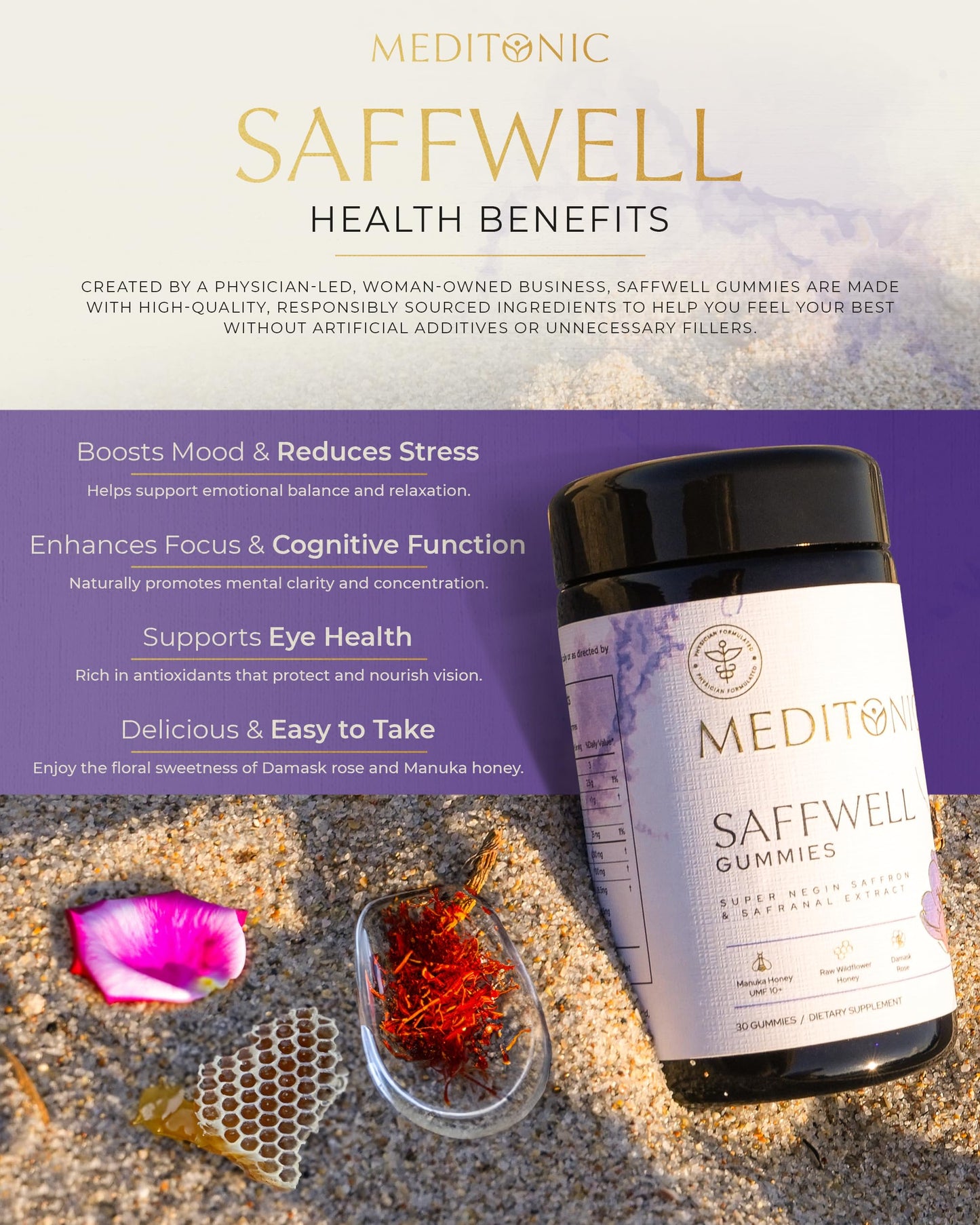 MEDITONIC™ Saffwell Gummies | Super Negin SAFFRON & Safranal | Mood, Vision, Focus Enhancer | 30 Premium U.S Made Gummies | Guranteed Superior American Made Quality