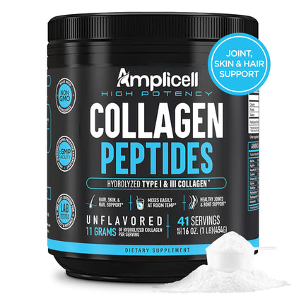 AMPLICELL Multi Collagen Peptides Powder – Hydrolyzed Protein Supplement with Type 1 & 3 – Grass Fed, Unflavored, Keto & Paleo Friendly – Hair, Skin, Nails, Joints for Women & Men – 41 Servings