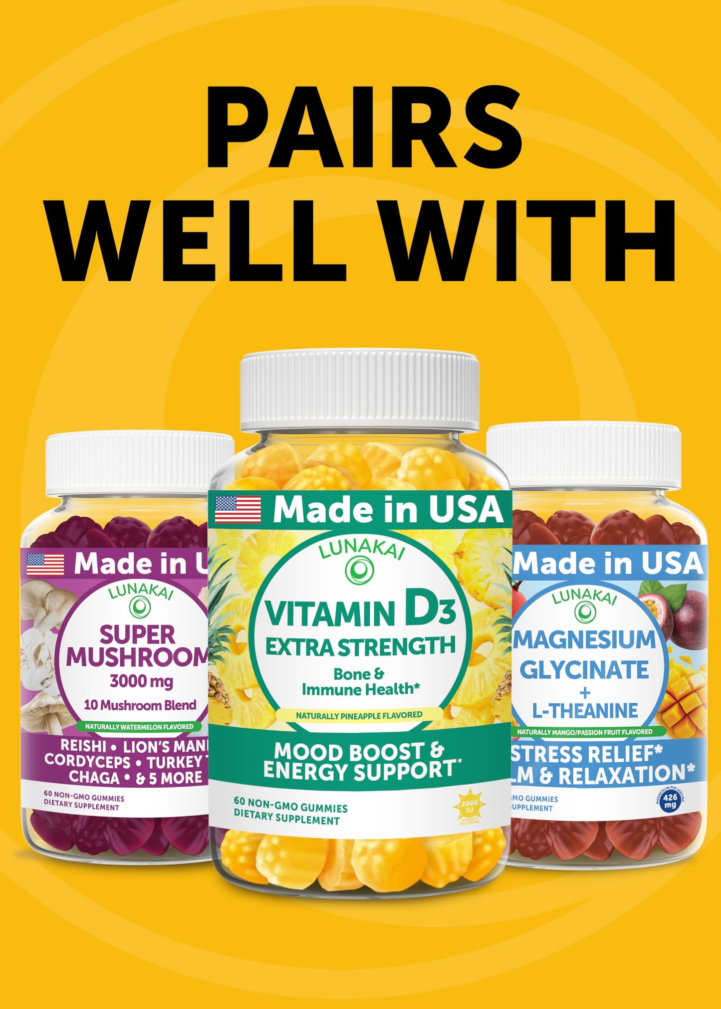 Lunakai USA Made Turmeric Gummies with Ginger & BioPerine – High Absorption Turmeric and Ginger Supplement for Inflammation, Joint & Immune Support, 60ct