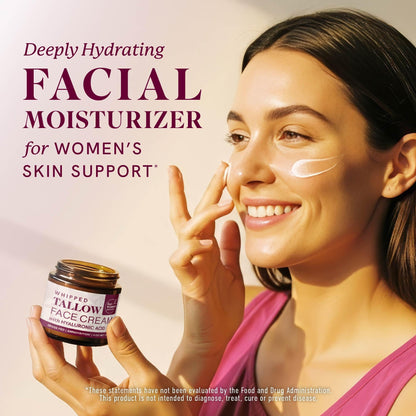 Beef Tallow Face Moisturizer for Women | With Hyaluronic Acid | Hydrating Whipped Beef Tallow for Skin Care for Women | With Jojoba & Sweet Almond Oil | Paraben & Cruelty-Free, Non-GMO | 4 oz
