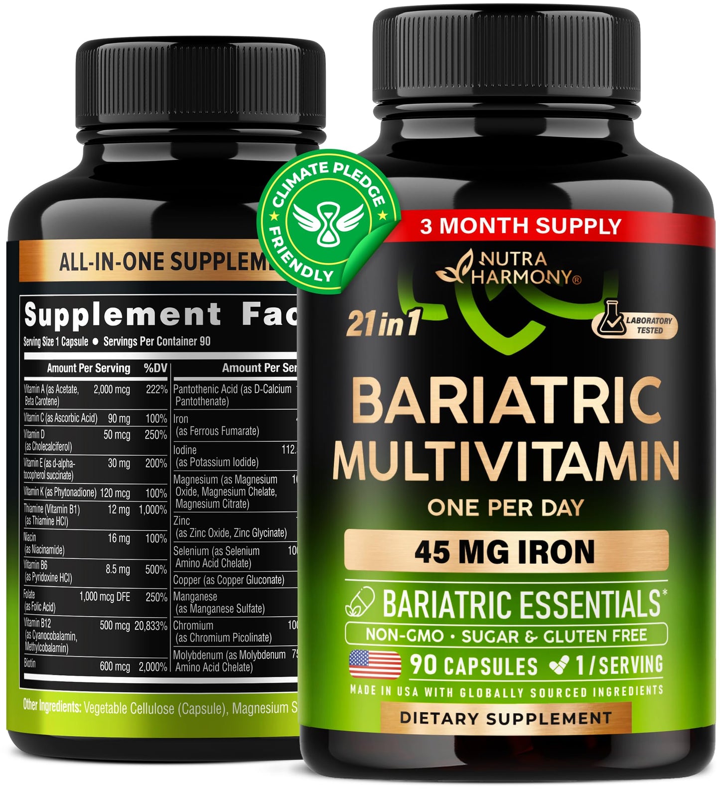 Bariatric Multivitamin - 45 mg Iron Supplements - Made in USA - for Women & Men - All-in-One, 21 Essential Vitamins - Gastric Sleeve Support - Free of Sugar, Gluten & Soy - 90 Capsules, Once Daily