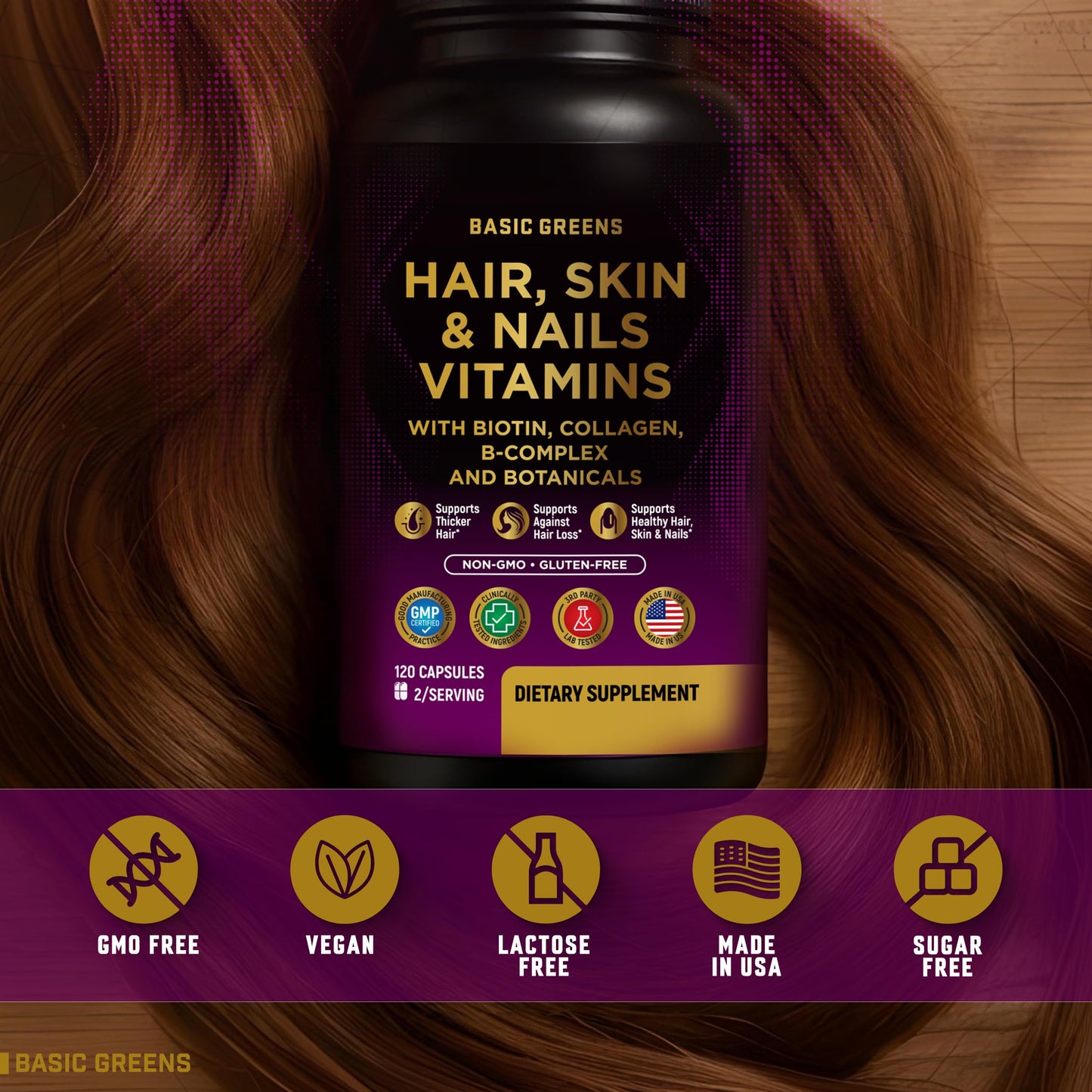 Hair, Skin & Nails Vitamins with Biotin 10000 mcg, Collagen, B-Complex & Botanicals – Supports Healthy Hair, Glowing Skin & Strong Nails – Non-GMO, Gluten-Free – Made in USA – 120 Capsules