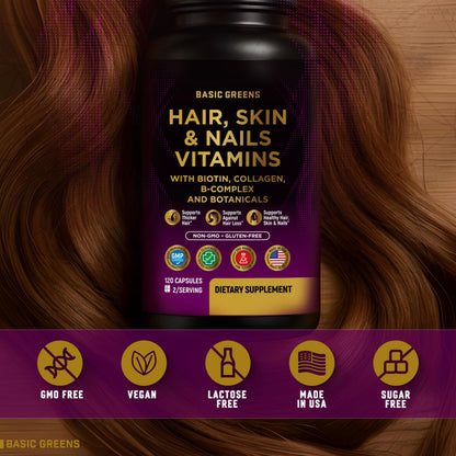 Hair, Skin & Nails Vitamins with Biotin 10000 mcg, Collagen, B-Complex & Botanicals – Supports Healthy Hair, Glowing Skin & Strong Nails – Non-GMO, Gluten-Free – Made in USA – 120 Capsules