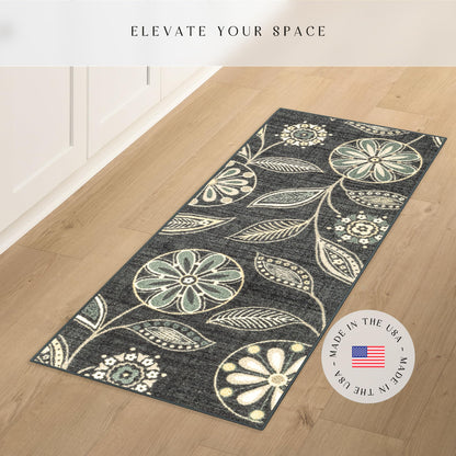 Maples Rugs Reggie Floral Runner Rug - Made in USA - Washable, Non Slip Indoor Carpet for Kitchen, Hallway, and Laundry Room, 1'8 x 5, Persian Blue