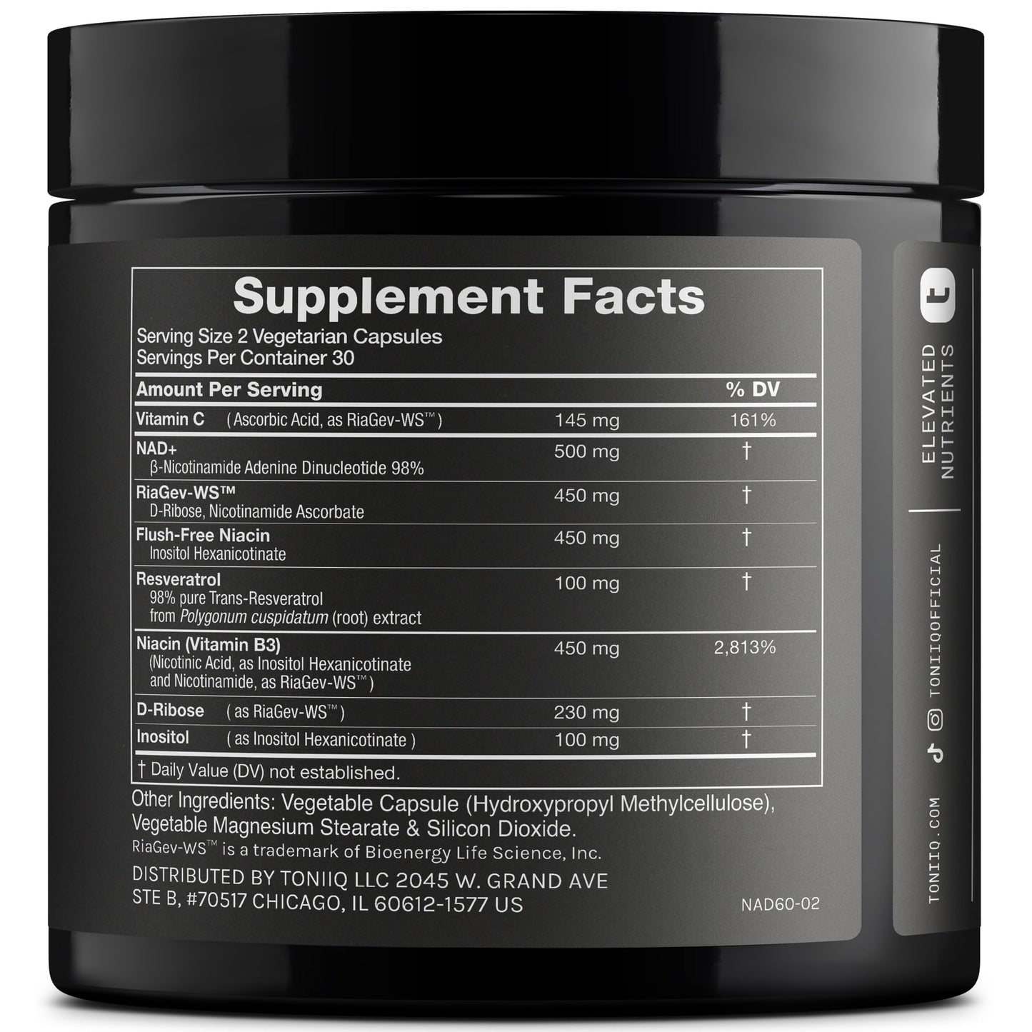 Toniiq NAD+ Supplement 1500mg - Ultra High Strength NAD Supplement with Clinically Studied Ingredients with Patented RiaGev-WS™, Resveratrol, and Niacin - 60 Capsules