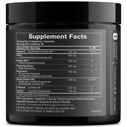 Toniiq NAD+ Supplement 1500mg - Ultra High Strength NAD Supplement with Clinically Studied Ingredients with Patented RiaGev-WS™, Resveratrol, and Niacin - 60 Capsules