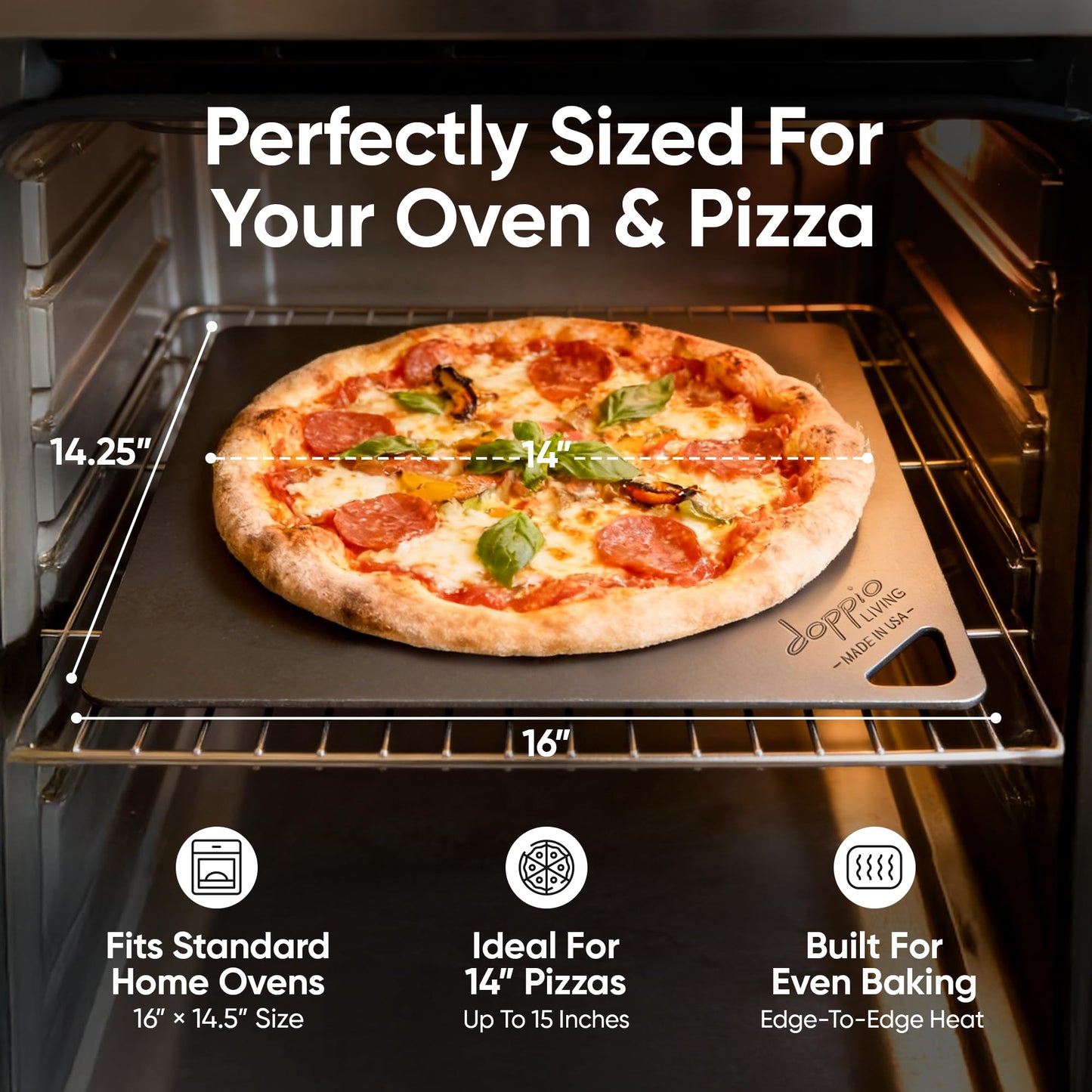 Doppio Living Pizza Steel for Oven | Made in USA | 16" x 14.25" | Pre-Seasoned Baking Steel for Bread, Pizza, Sourdough & More | Premium Quality Crust at Home | Use in Oven, Grill, BBQ | 1/4" Thick
