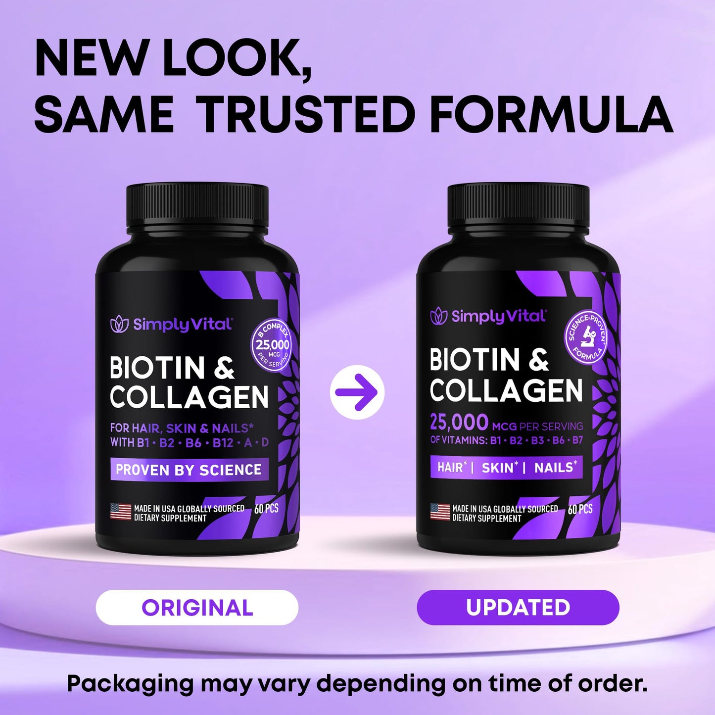 Biotin and Collagen Supplements with Keratin - Hair Vitamins - Hair Skin & Nails Vitamins with Biotin, Collagen, B Complex - Made in USA - Biotin Supplement for Strong Hair, Skin & Nails - 60 Capsules