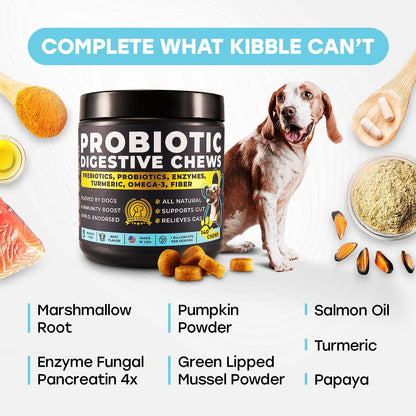 Probiotics for Dogs - PhD Endorsed Digestive Enzymes - Gut Health, Diarrhea & Bowel Support - Dog Treats with Turmeric, Omega-3 & Fiber - Immune Soft 140 Chews - Beef Flavor - Made in USA
