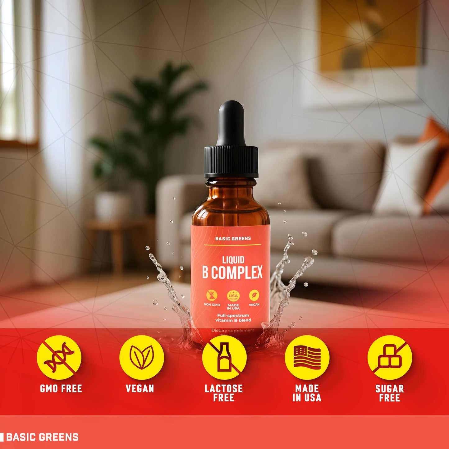 BASIC GREENS Vitamin B Complex Liquid Drops - Strength Sublingual Formula, Maximizes Absorption & Boosts Energy - B1, B2, B3, B5, B6, B7, B9, B12 - Natural Vegan Supplement for Immunity (B Complex)