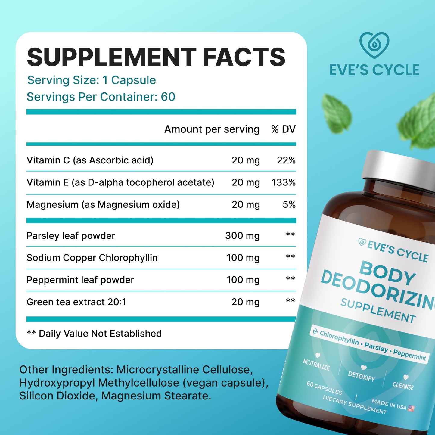 Body Deodorizing Supplement – Natural Internal Deodorant Chlorophyll Capsules with Chlorophyllin, Parsley & Peppermint – 60 Vegan 500mg+ Chlorophyll Pills – Daily Detox & Cleanse Support – Made in USA