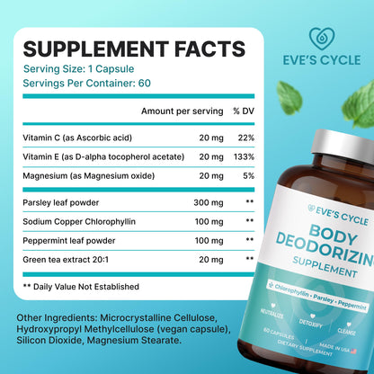 Body Deodorizing Supplement – Natural Internal Deodorant Chlorophyll Capsules with Chlorophyllin, Parsley & Peppermint – 60 Vegan 500mg+ Chlorophyll Pills – Daily Detox & Cleanse Support – Made in USA