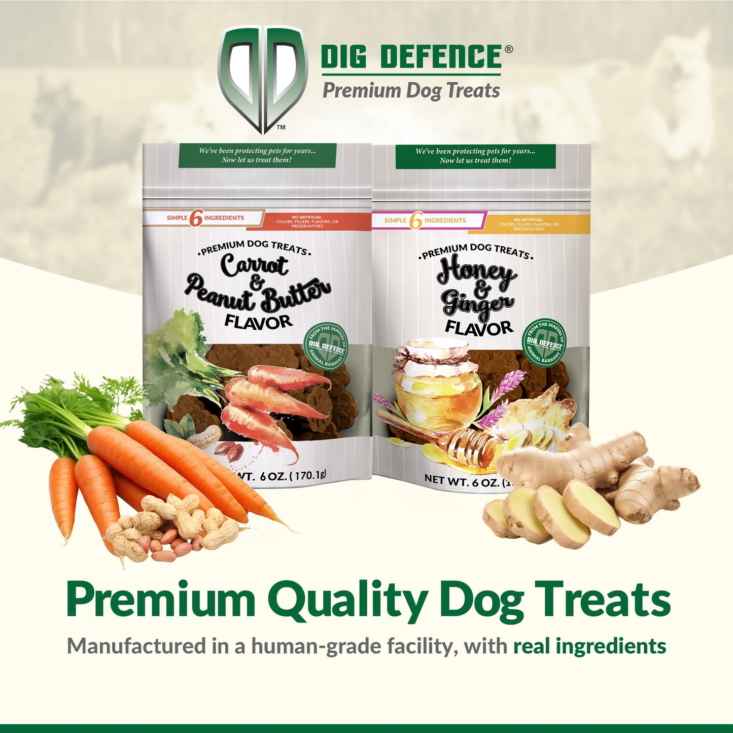 Dig Defence Premium Dog Treats - Honey/Ginger and Carrot/Peanut Butter, Natural Ingredients, Baked Gourmet Snacks for Small & Big Dogs, Healthy Training Treat, 2 Pack