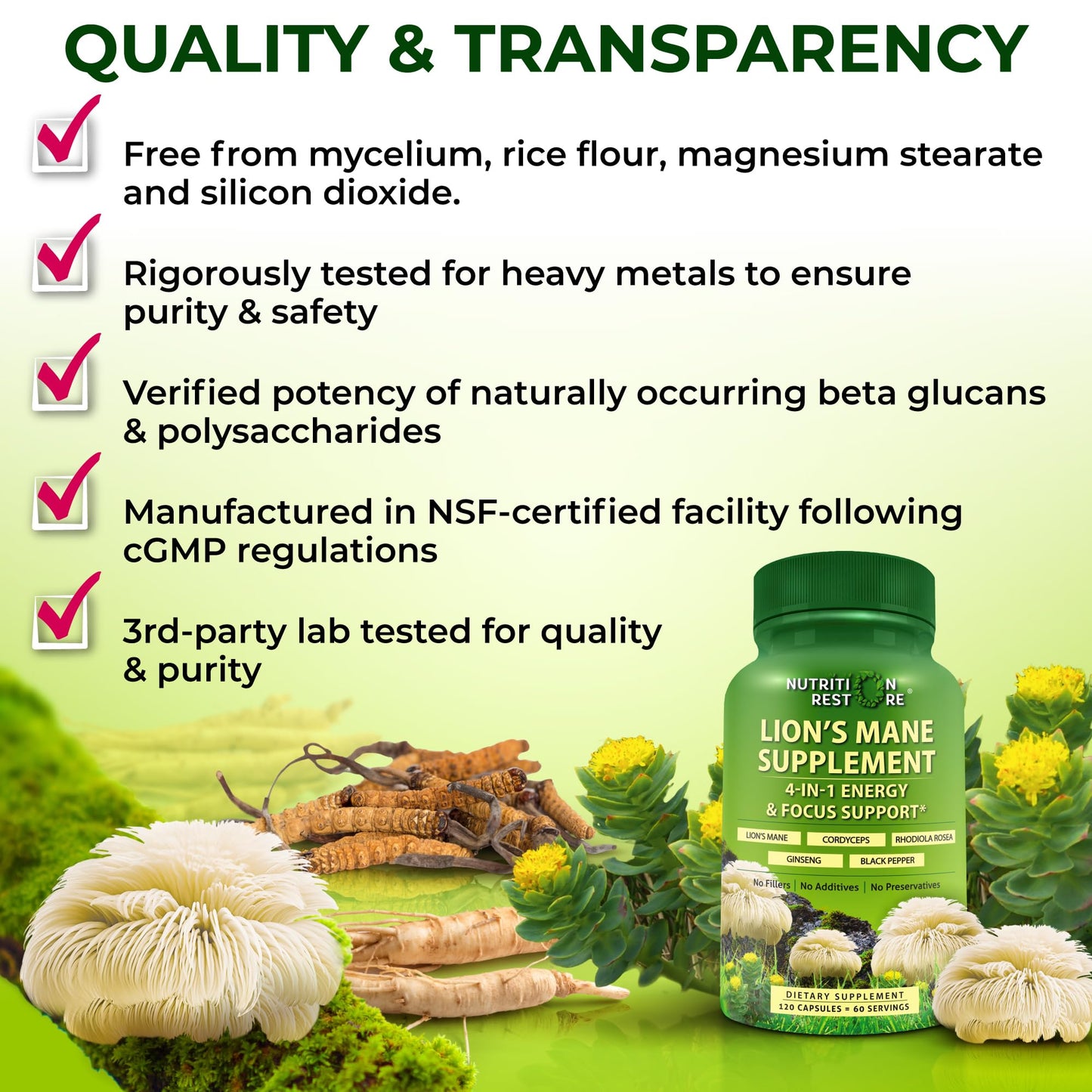 Organic Lion's Mane Supplement Capsules - Contains Naturally Occurring Beta Glucans & Polysaccharides, Enhanced with Organic Energy & Focus Support Blend: Cordyceps, Rhodiola Rosea, Ginseng, 120 Count
