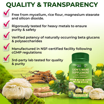 Organic Lion's Mane Supplement Capsules - Contains Naturally Occurring Beta Glucans & Polysaccharides, Enhanced with Organic Energy & Focus Support Blend: Cordyceps, Rhodiola Rosea, Ginseng, 120 Count