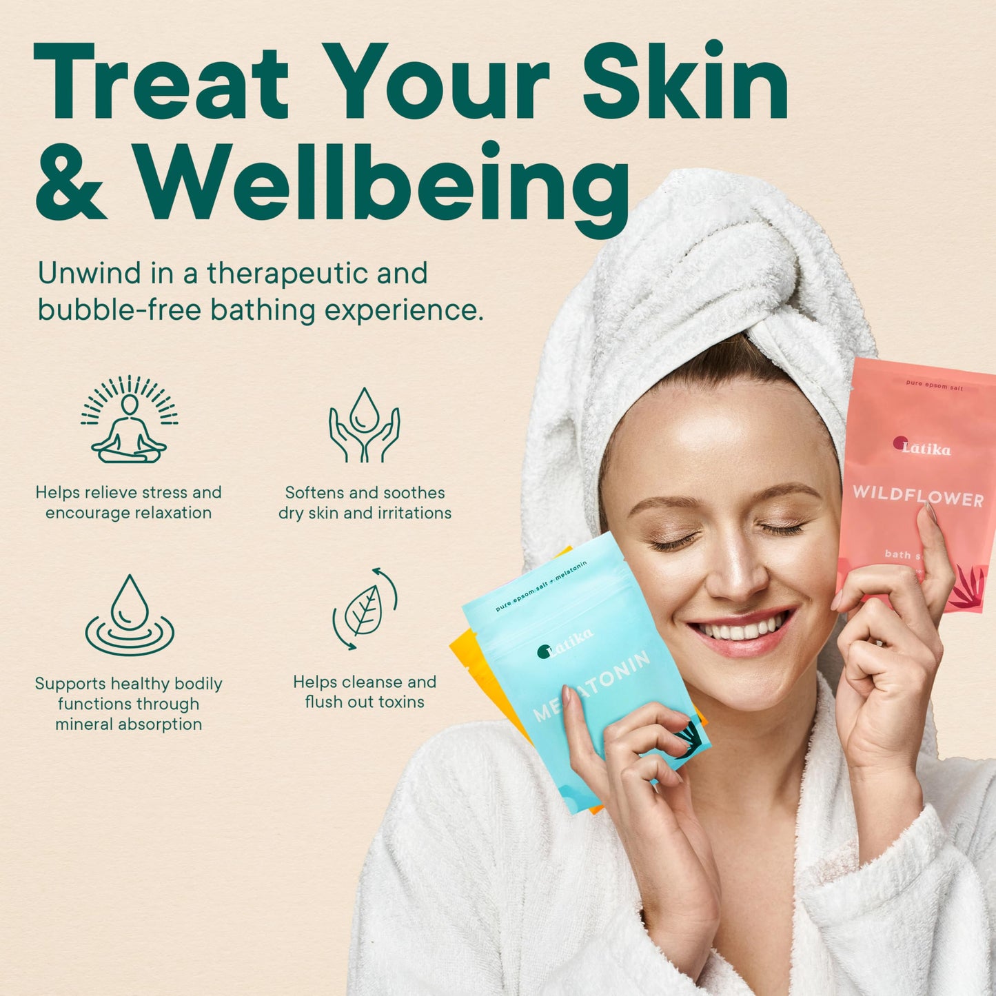 Latika Soaks Set of 3 - Wildflower, Melatonin, Vitamin C - Moisturizing Bath Soak with Epsom Salt & Essential Oils for Stress Relief, Muscle Recovery, & Relaxation - at-Home Spa