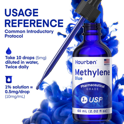 Methylene Blue Drops 1% USP Grade: Pharmaceutical Grade Blue Methylene Liquid Formula – 60 mL (2.02 fl oz) Amber Glass Dropper Bottle – Lab-Tested, Formaldehyde-Free, Made in USA