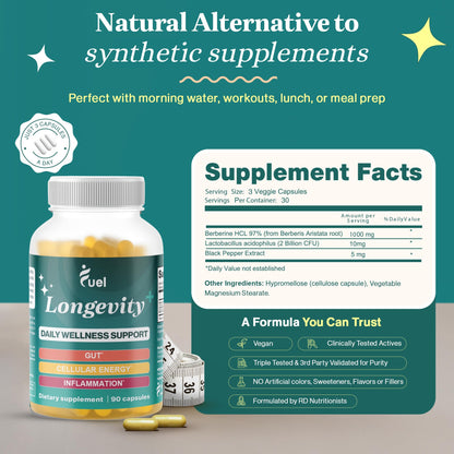 Fuel Natural Liposomal Berberine HCL Supplement – Supports Metabolism, Hunger, Hormone Balance, Energy for Women & Men - Healthy Aging and Longevity Support - Metabolic Berberine 1000mg Capsules