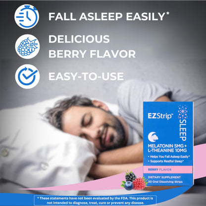 EZStrip Sleep Aid Supplement - Berry Flavor, 30 Count - Dissolving Sleep Strips with Melatonin and L Theanine for Support with Falling Asleep - Made in The USA, Sugar and Gluten-Free
