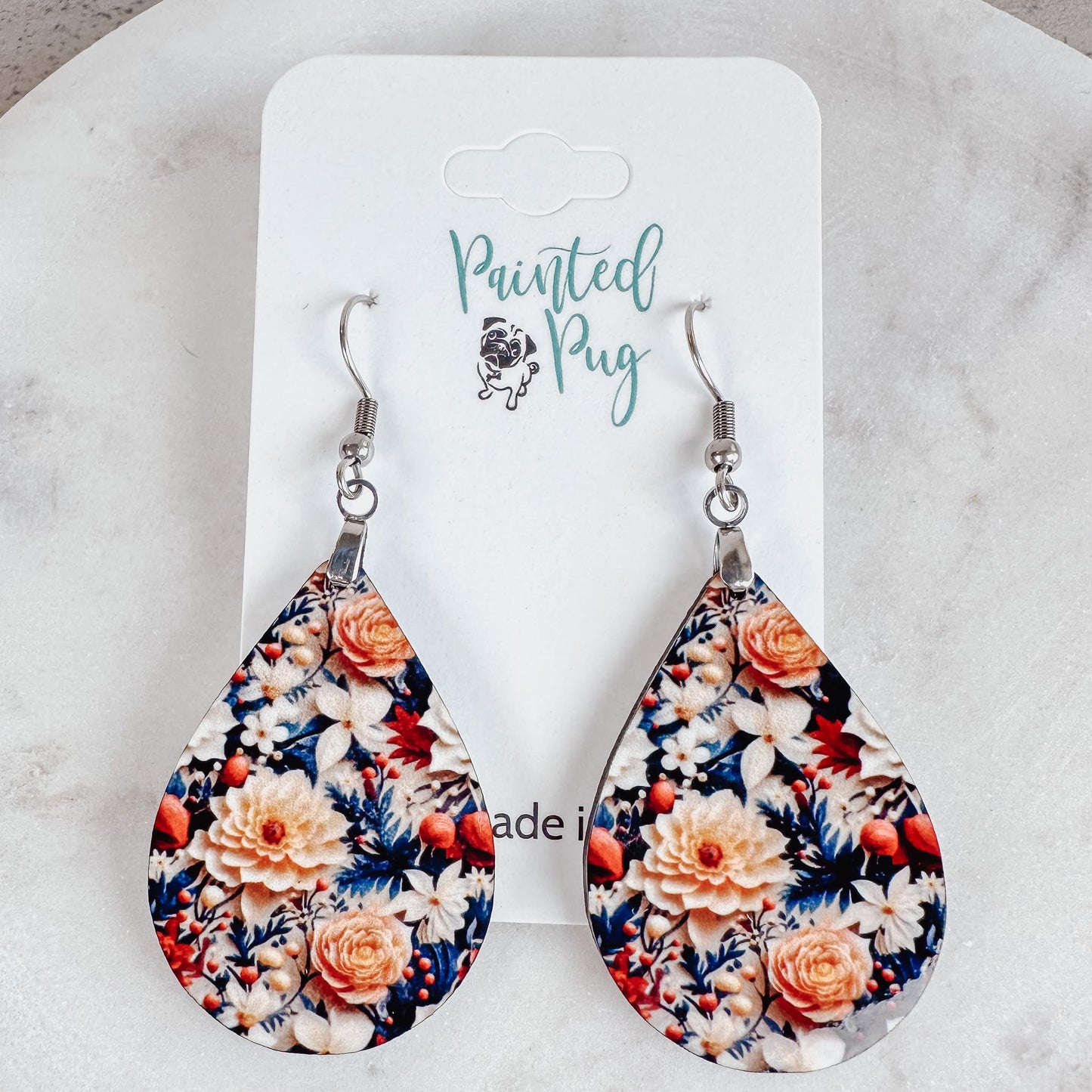 Fall Earrings for Women Autumn Lightweight Teardrop Dangle Fun Colorful Statement Jewelry Handmade by the Painted Pug (Fall Floral Dahlia)