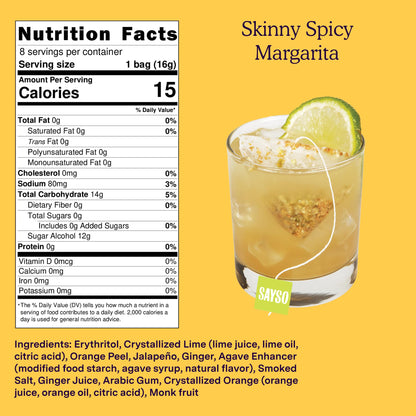 SAYSO Skinny Spicy Margarita Original Cocktail Tea Bag | Cocktail or Mocktail in Under 1 Min, Without Hot Water, <1G Sugar, 20 Calories, Non-GMO, Gluten-free, Kosher & Vegan Mixer, 8 count