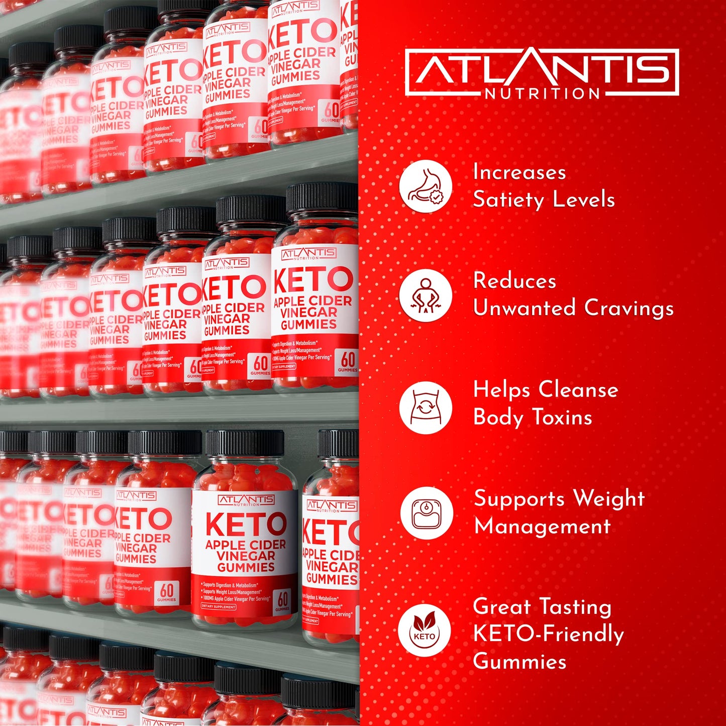 Atlantis Nutrition Keto ACV Gummies for Weight Loss - Apple Cider Vinegar Gummies Formulated to Support Advanced Weight Loss, Digestion, Detox & Cleansing, Made with 1000MG ACV Per Serving - 60 Count
