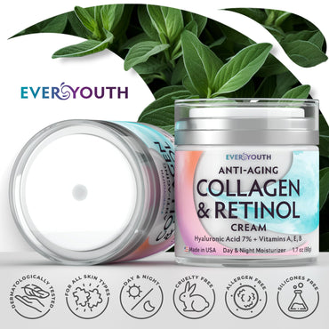 Collagen Cream for Face, Anti Aging Facial Moisturizer for Women with Hyaluronic Acid, Vitamin A, Vitamin E, Made in USA, Anti Wrinkle Face Cream, Neck Creams for Tightening and Firming