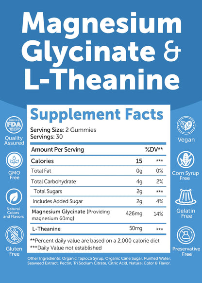 Lunakai USA Made Magnesium Glycinate Gummies with L-Theanine for Kids & Adults – 420mg Magnesium Supplement for Calm, Sleep & Stress Support, 60ct