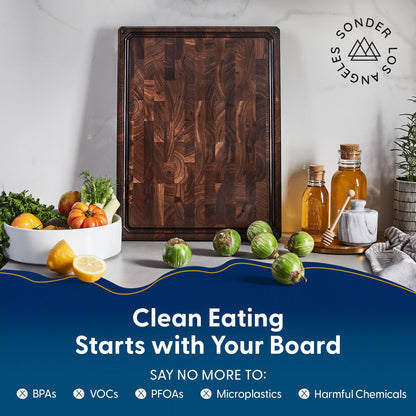 Sonder Los Angeles Alfred Cutting Board Made in USA | Black Walnut End Grain Cutting Board for Kitchen with Non-Slip Feet, Juice Groove, Sorting Compartments | Gift Box Included | 17x13x1.5 in