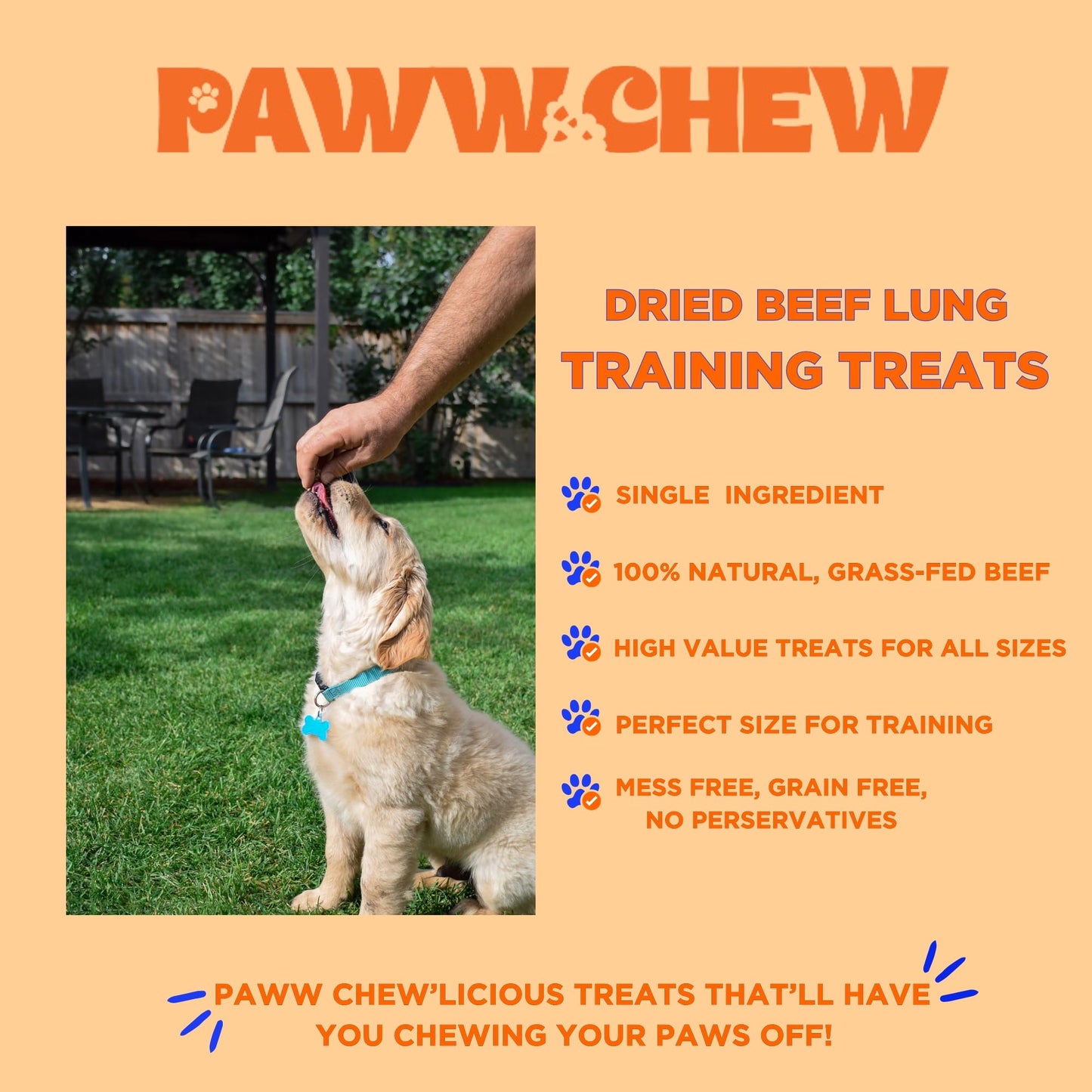PAWW CHEW Beef Lung Dog Treats, 100% Natural, Single Ingredient, Made in The USA, Dried & Dehydrated, High Protein, High Value Dog Training Treats, Grain Free, Low-Odor Free for All Breeds