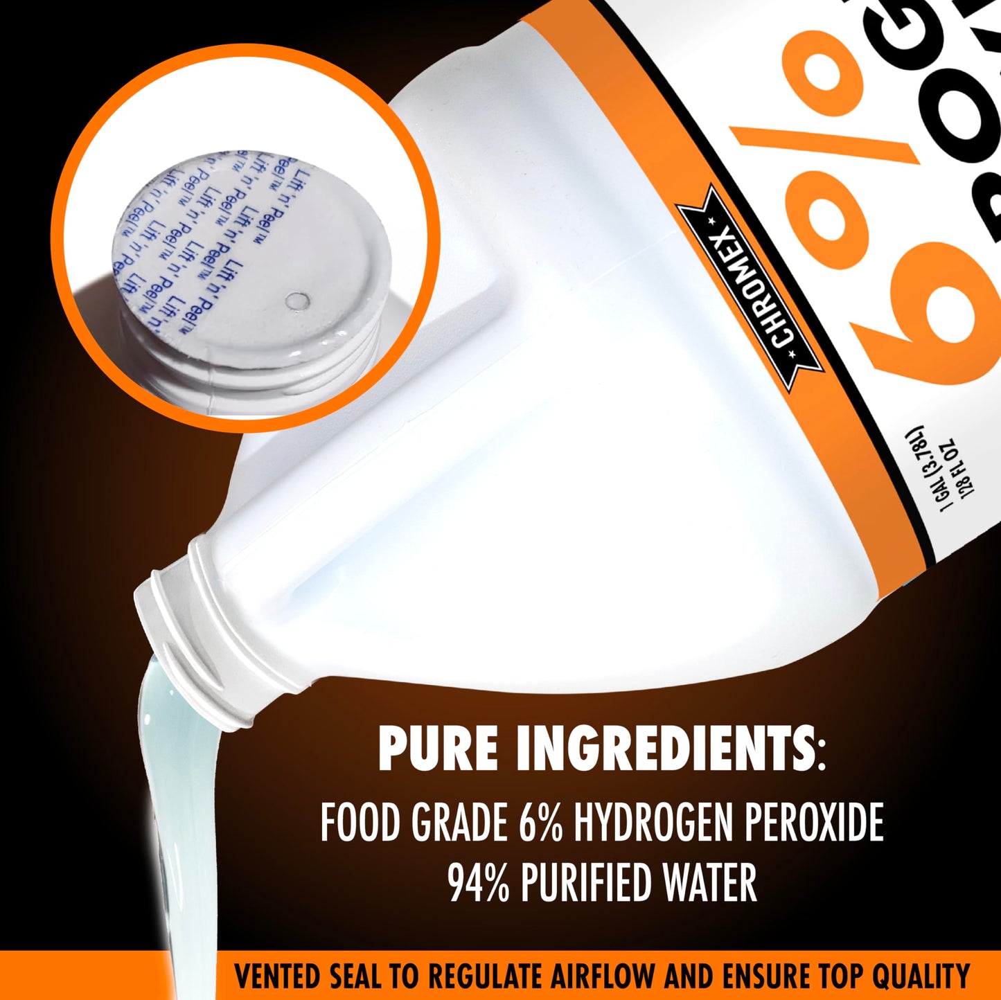 Chromex 6 Percent Hydrogen Peroxide, Food Grade, Home, Kitchen, Bath Cleaner, Laundry, Whitening (128 fl oz (Pack of 1))