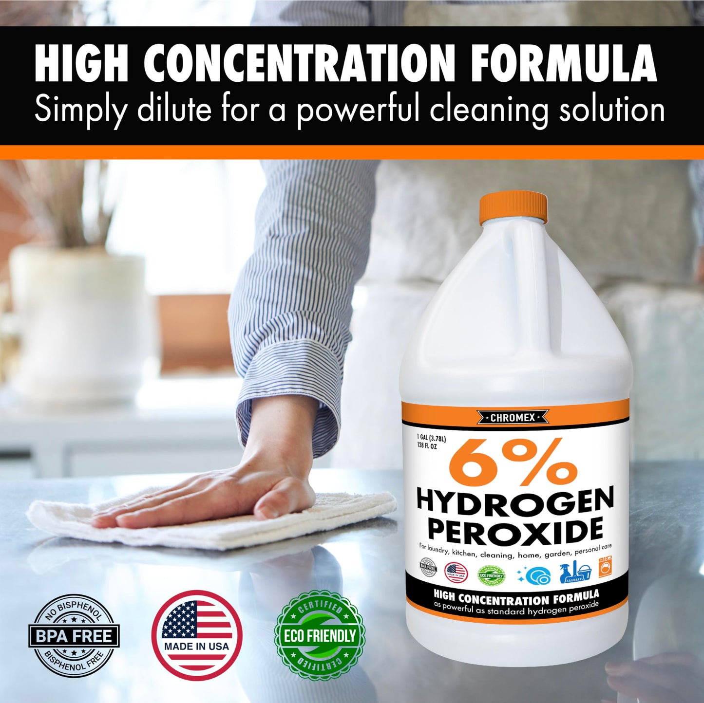 Chromex 6 Percent Hydrogen Peroxide, Food Grade, Home, Kitchen, Bath Cleaner, Laundry, Whitening (128 fl oz (Pack of 1))
