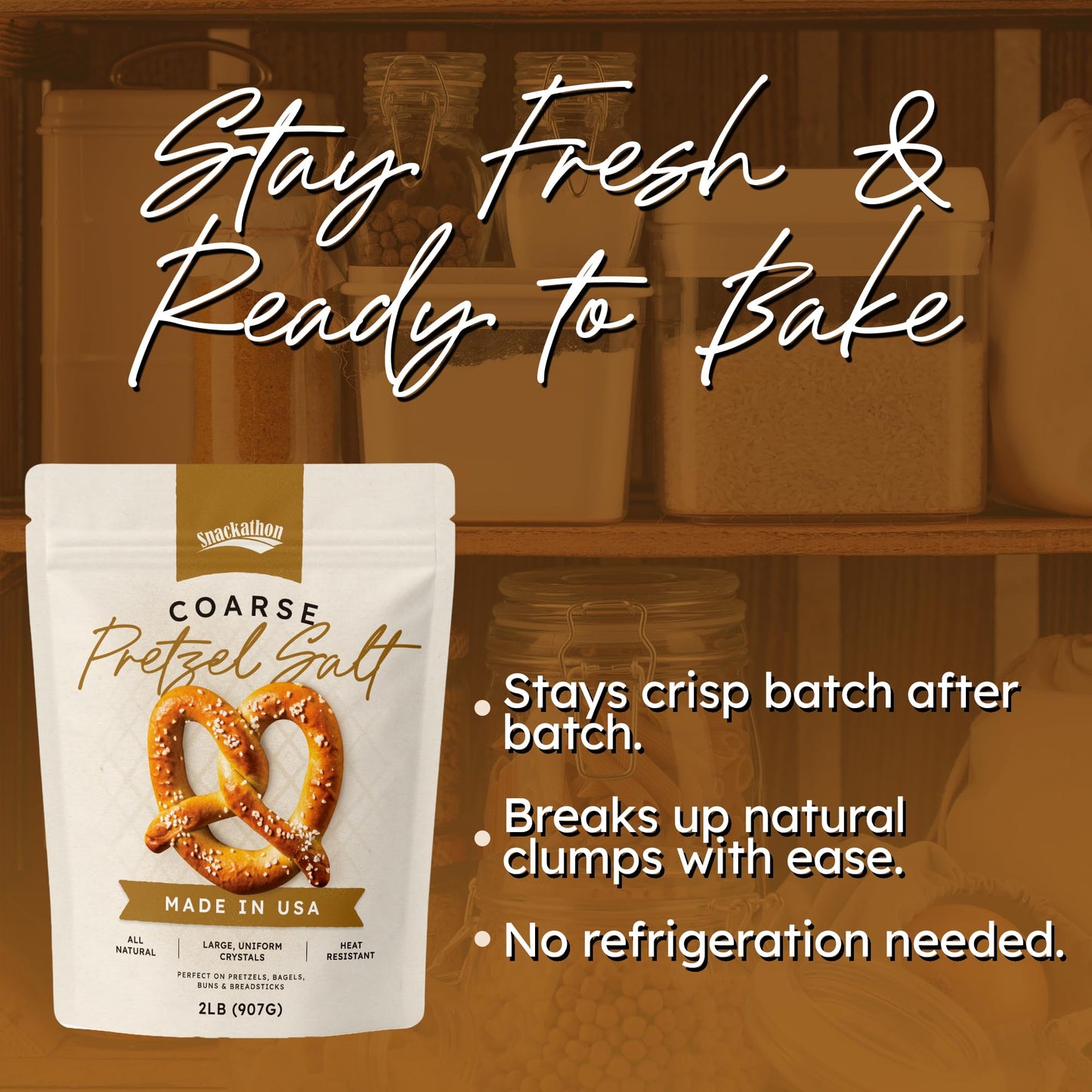 Snackathon Coarse Pretzel Salt, Heat Resistant Large Crystals, 5 oz Resealable Bag, Made in USA, All-Natural Topping for Soft Pretzels, Bagels & Breads