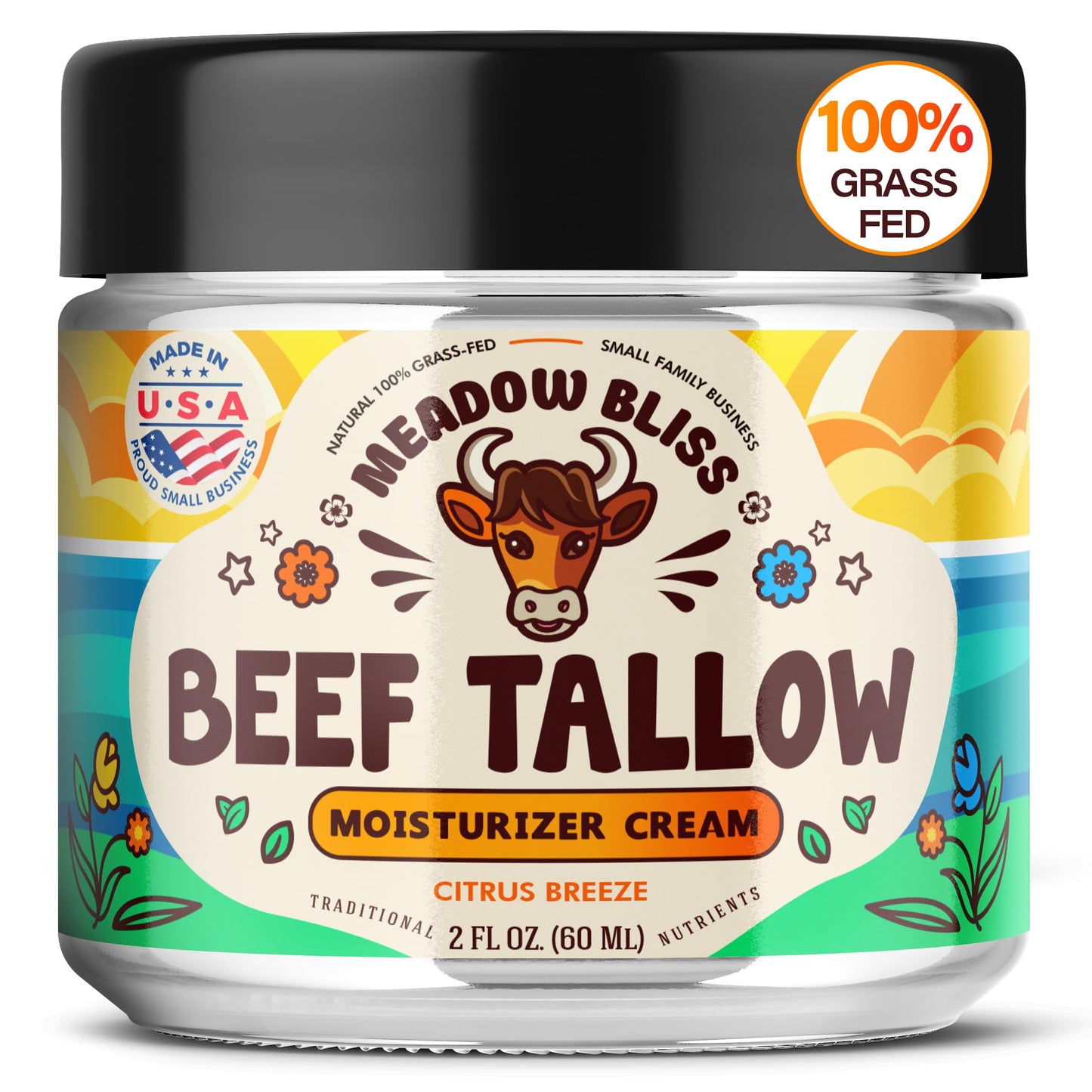 Meadow Bliss Beef Tallow for Skin - Moisturizer Cream - 100% Grass Fed - Whipped Beef Tallow - Organic Jojoba Oil - Organic Shea Butter - Supports Eczema, Rosacea+ - Made in USA - Citrus Breeze - 2 oz